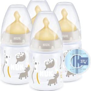 nuk first choice+ baby bottles set | 0 6 months | temperature control | anti colic vent | 150 ml | bpa free | latex teat | safari (beige) | 4 pack